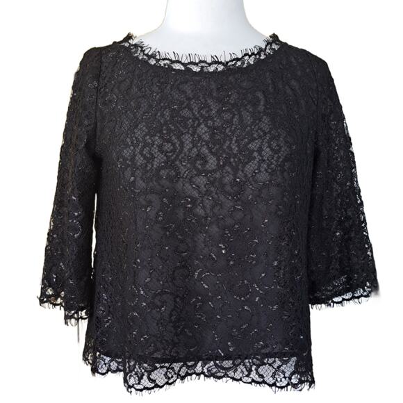 Joie Elvia Black Lace Top Size Small Metallic Button Back Cropped Sheer - Picture 2 of 12